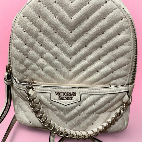 Victoria's Secret Handbags - Victoria's Secret White Gold Studs Chain Faux Leather Mini Backpack Nwt Preppy